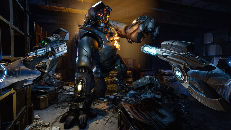 Two guns pointed at a mechanics robot, Arktika.1 game screenshot