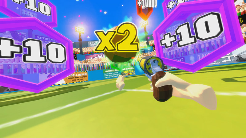 Pistol shooting a ball with 2x bonus score, Gunball VR game screenshot