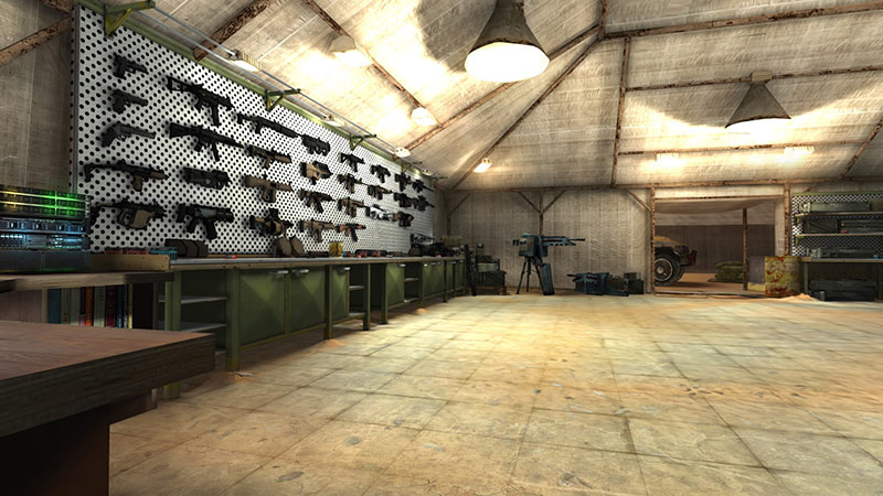 lots of weapons display on a wall, Overkill VR screenshot
