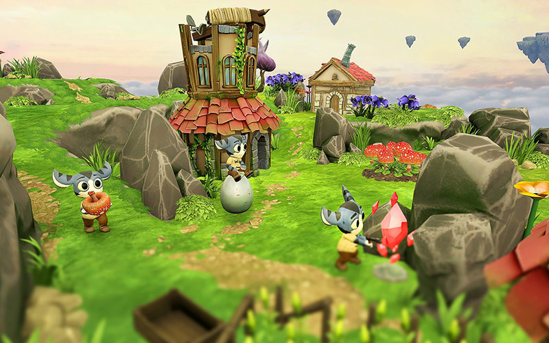 Tethered game screenshot, peeps working in their village